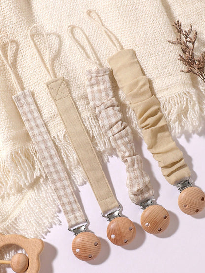 4pcs Baby Pacifier Clips, Plaid, Polka Dot, Solid Color Blue/Pink/Khaki, Wooden 3-Hole Pacifier Clips, Suitable For Daily Use