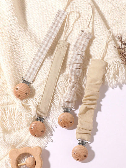 4pcs Baby Pacifier Clips, Plaid, Polka Dot, Solid Color Blue/Pink/Khaki, Wooden 3-Hole Pacifier Clips, Suitable For Daily Use