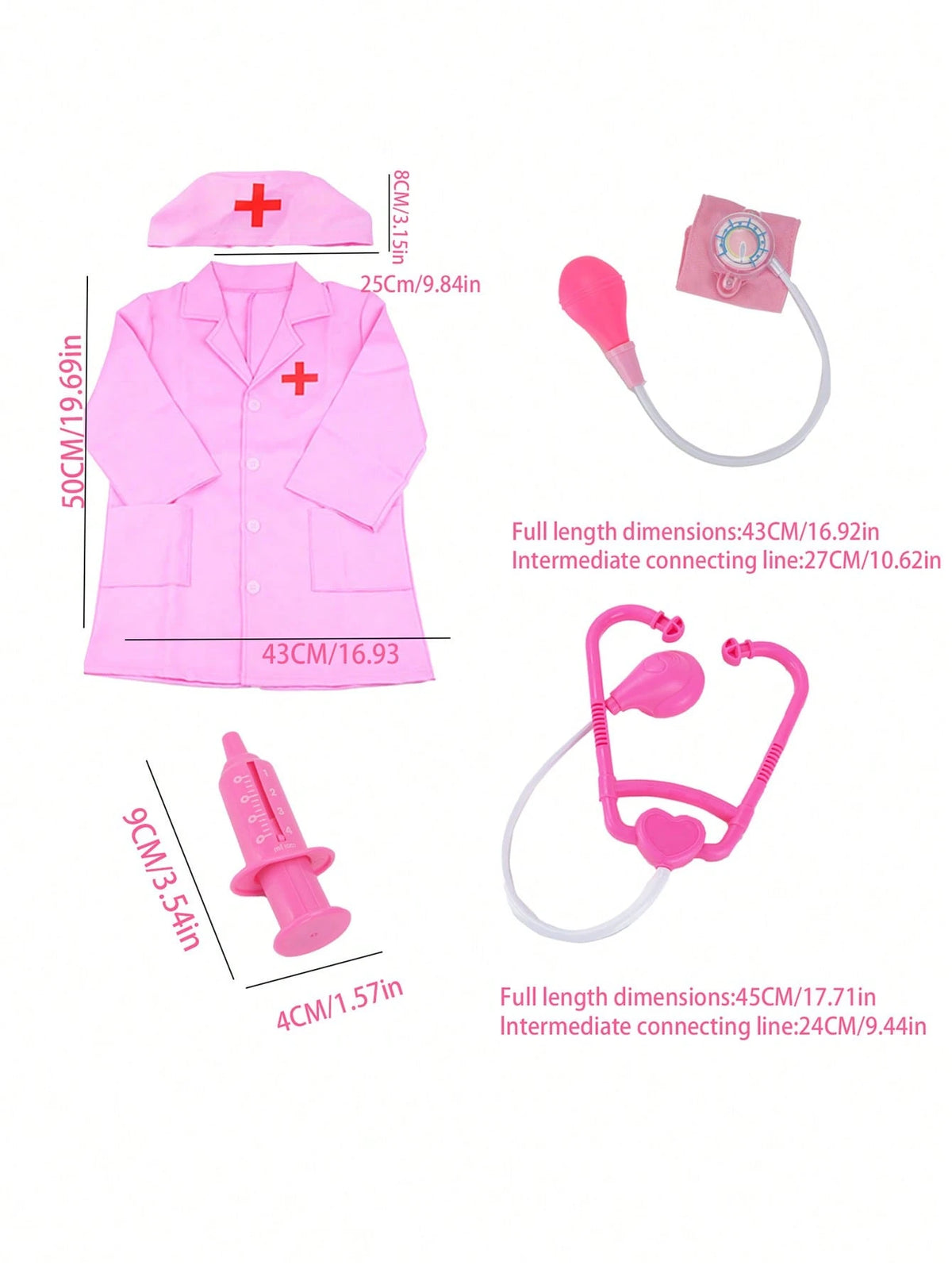 4pcs Doctor Role Play Costume Set In Pink(Long Sleeve Nurse Uniform+Stethoscope+Injection Syringe+Blood Pressure Monitor), Toys For Little Girls Age 3-6