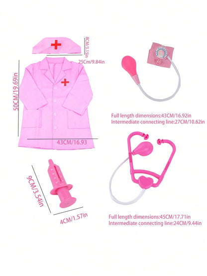 4pcs Doctor Role Play Costume Set In Pink(Long Sleeve Nurse Uniform+Stethoscope+Injection Syringe+Blood Pressure Monitor), Toys For Little Girls Age 3-6