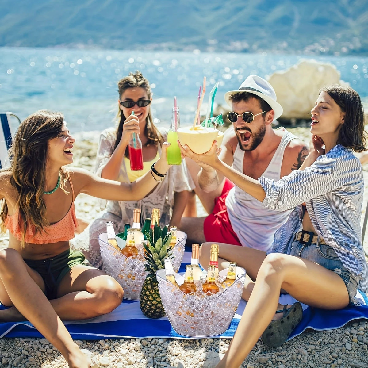 4PCS Large Ice Buckets, 8000ML/272oz Capacity, Transparent Acrylic Beverage Cooler Plastic Ice Drink Bucket, Champagne Bottle Ice Bucket, Wine Cooler Bucket, Party BBQ Picnic Home Bar Beverage Bucket