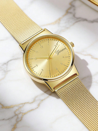 4pcs Luxury Gold & Silver Dual-Tone Watch Set, Mesh Band Quartz Watch + Multiple Rhinestone Bracelets, Suitable For Date & Commute, Perfect Gift For Women