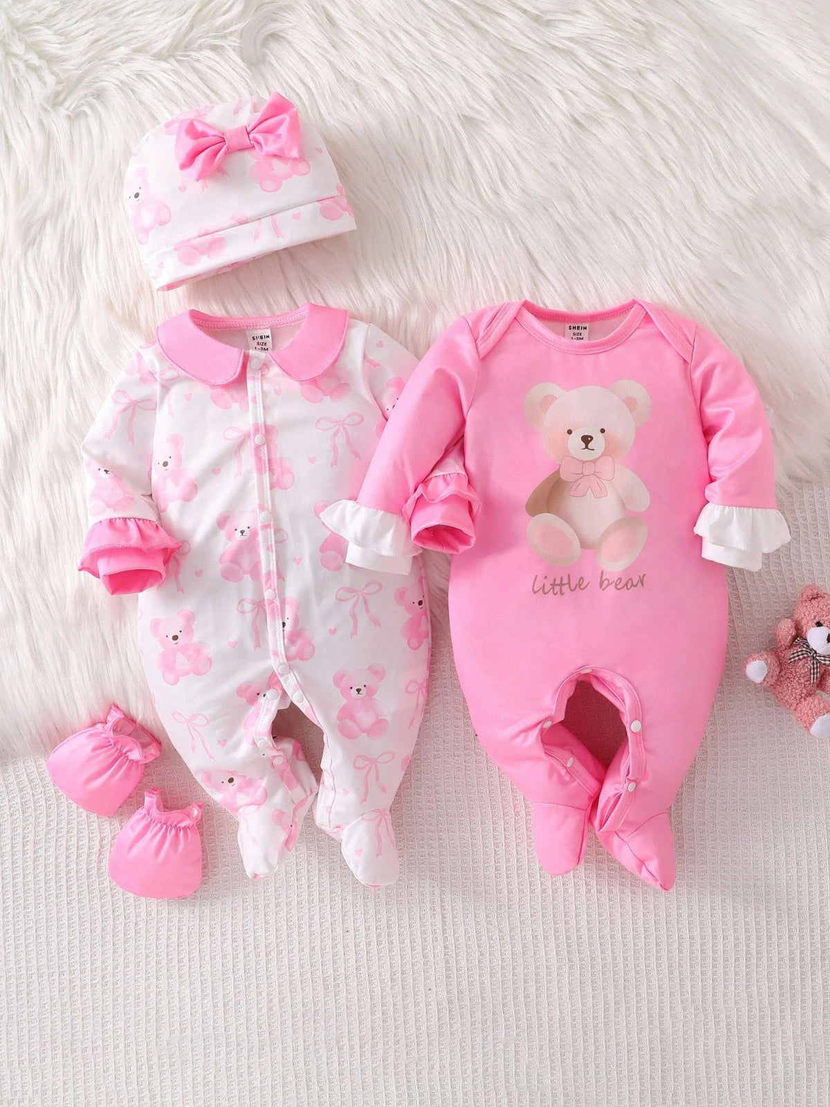 4pcs Newborn Baby Girl Clothes Set,White,Autumn,Cute,Family Matching Bear & Bow Decor Long Sleeve Footie Jumpsuit Romper With Hat & Gloves,Pink Outfit