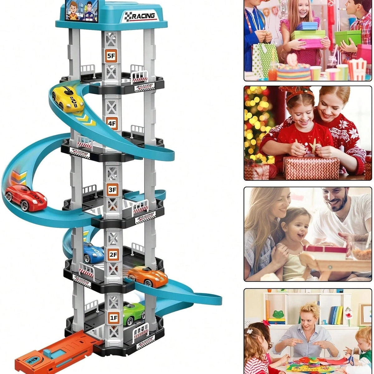 5-Layer 3D Parking Garage Track Set, Includes 2 Race Cars, Launcher, Curved Drift Zone And Helicopter Landing Pad, DIY Assembly Educational Toy, Suitable For Parent-Child Interaction And Hand-Eye Coor