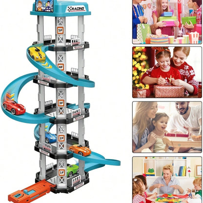 5-Layer 3D Parking Garage Track Set, Includes 2 Race Cars, Launcher, Curved Drift Zone And Helicopter Landing Pad, DIY Assembly Educational Toy, Suitable For Parent-Child Interaction And Hand-Eye Coor