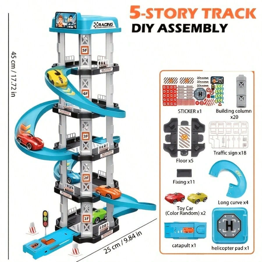 5-Layer 3D Parking Garage Track Set, Includes 2 Race Cars, Launcher, Curved Drift Zone And Helicopter Landing Pad, DIY Assembly Educational Toy, Suitable For Parent-Child Interaction And Hand-Eye Coor