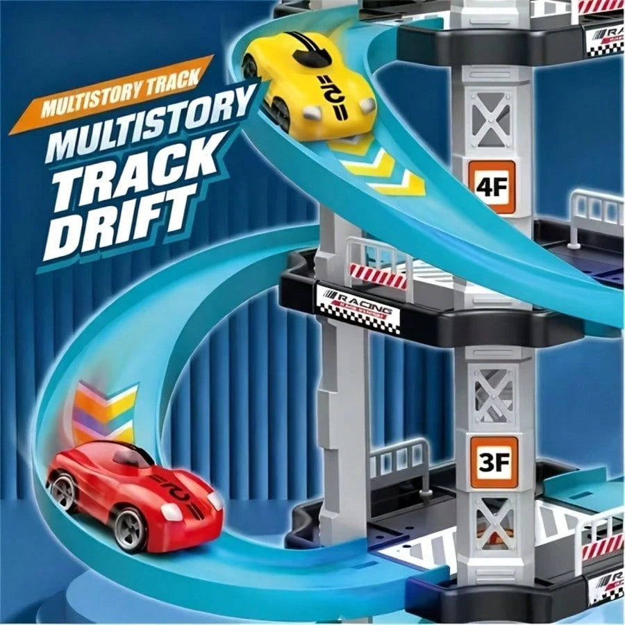 5-Layer 3D Parking Garage Track Set, Includes 2 Race Cars, Launcher, Curved Drift Zone And Helicopter Landing Pad, DIY Assembly Educational Toy, Suitable For Parent-Child Interaction And Hand-Eye Coor