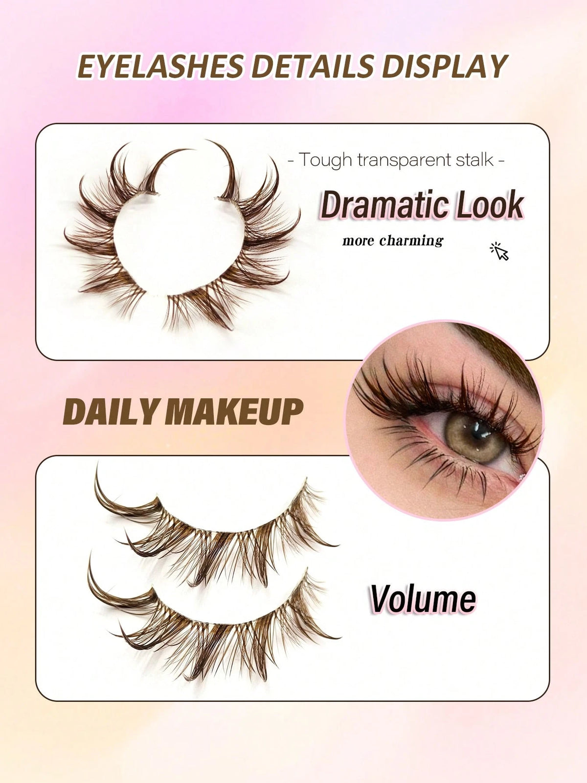 5 Pairs Brown Wet Look Cat Eye False Eyelashes, Transparent Band Fox Eye Lashes, Brown Faux Mink Cross Fluffy Striped Natural Spiky Lash Extensions For Makeup