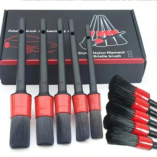5 Pcs Car Detailing Brush Set- Black & Red, Ideal For Dashboard, Air Vents, Wheels, & More- Durable Plastic Handle For Efficient Cleaning Without Electricity For Car & Truck Detailing Tool Set, Car