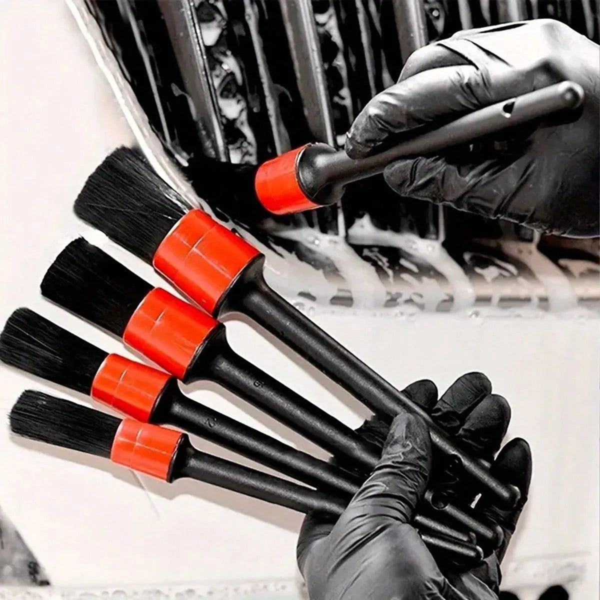 5 Pcs Car Detailing Brush Set- Black & Red, Ideal For Dashboard, Air Vents, Wheels, & More- Durable Plastic Handle For Efficient Cleaning Without Electricity For Car & Truck Detailing Tool Set, Car