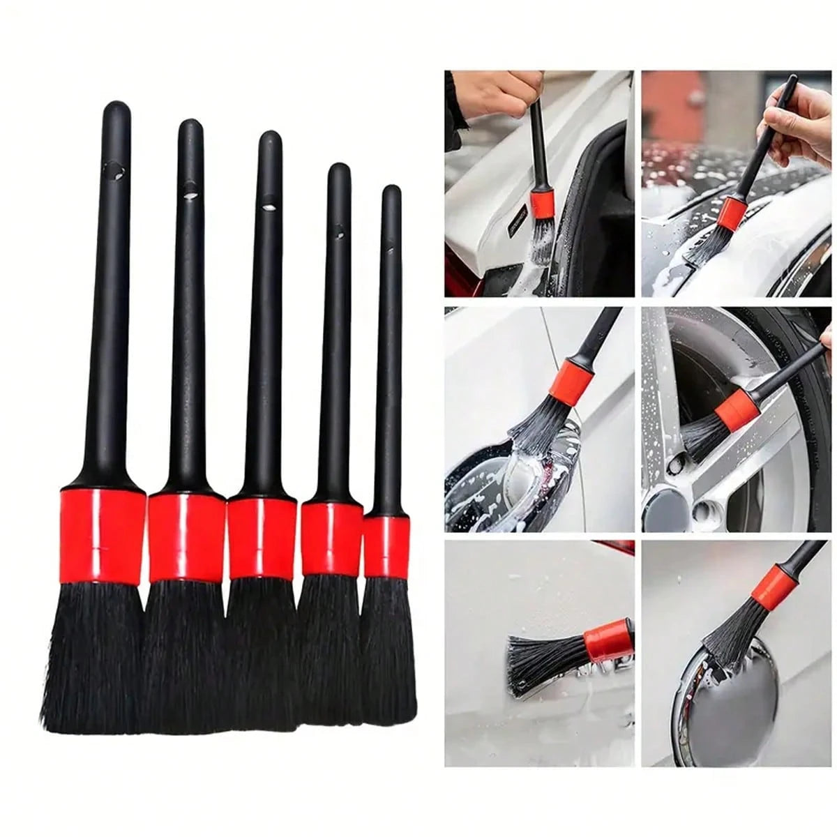 5 Pcs Car Detailing Brush Set- Black & Red, Ideal For Dashboard, Air Vents, Wheels, & More- Durable Plastic Handle For Efficient Cleaning Without Electricity For Car & Truck Detailing Tool Set, Car