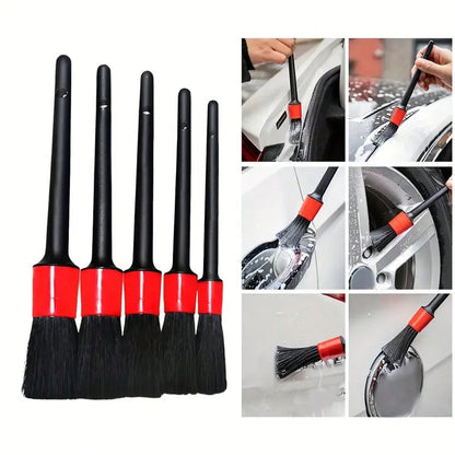 5 Pcs Car Detailing Brush Set- Black & Red, Ideal For Dashboard, Air Vents, Wheels, & More- Durable Plastic Handle For Efficient Cleaning Without Electricity For Car & Truck Detailing Tool Set, Car