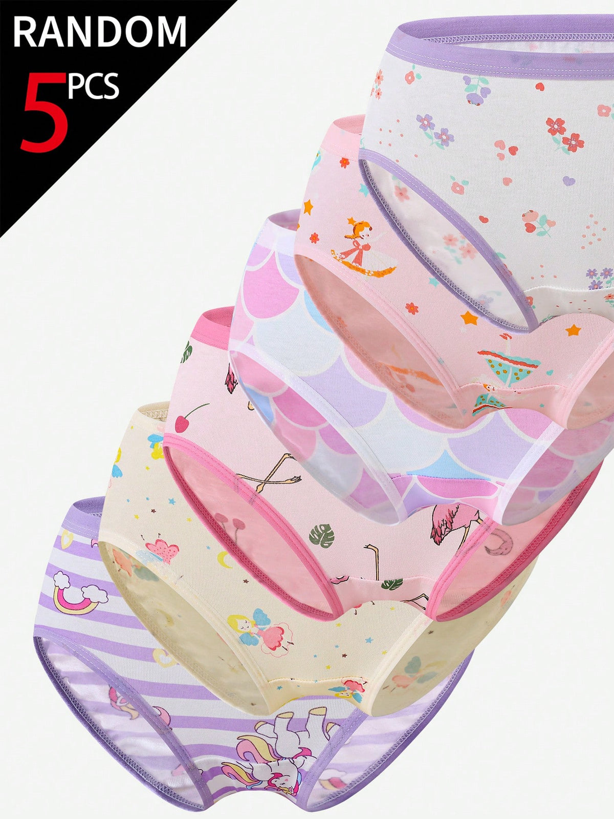 [5 Random Piece]Girls Toddler Multi-Color Heart Bow Cute Rabbit Mermaid Unicorn Fairy Flamingo Simple Cotton Print Combination Triangle Panties