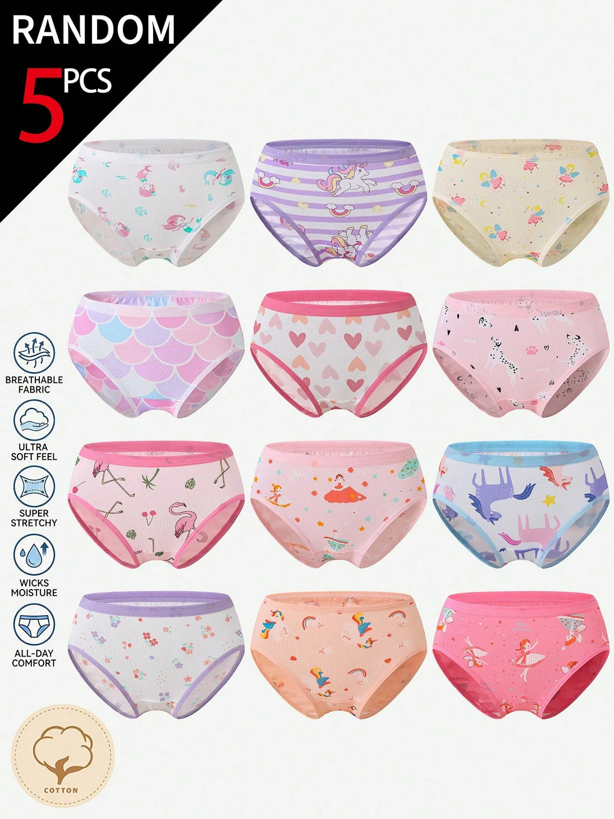 [5 Random Piece]Girls Toddler Multi-Color Heart Bow Cute Rabbit Mermaid Unicorn Fairy Flamingo Simple Cotton Print Combination Triangle Panties