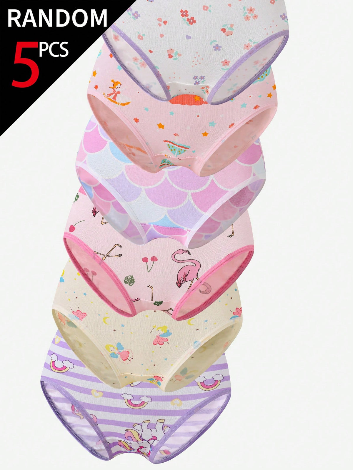 [5 Random Piece]Girls Toddler Multi-Color Heart Bow Cute Rabbit Mermaid Unicorn Fairy Flamingo Simple Cotton Print Combination Triangle Panties
