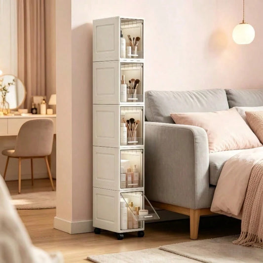 5-Tier Storage Cabinet-Equipped With Smooth-Gliding Wheels, Waterproof & Dustproof, Freestanding Narrow-Gap Storage Rack; Suitable For Bathrooms, Bedrooms, Living Rooms, And Laundry Rooms; Easy Assemb