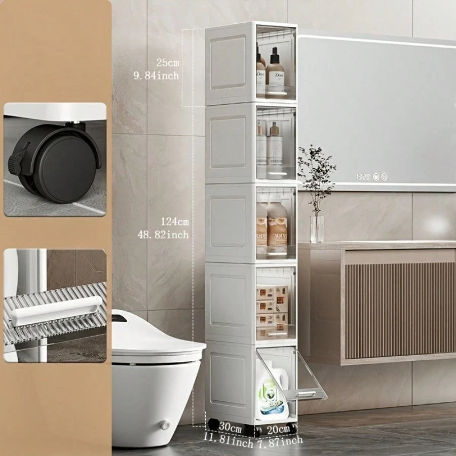 5-Tier Storage Cabinet-Equipped With Smooth-Gliding Wheels, Waterproof & Dustproof, Freestanding Narrow-Gap Storage Rack; Suitable For Bathrooms, Bedrooms, Living Rooms, And Laundry Rooms; Easy Assemb