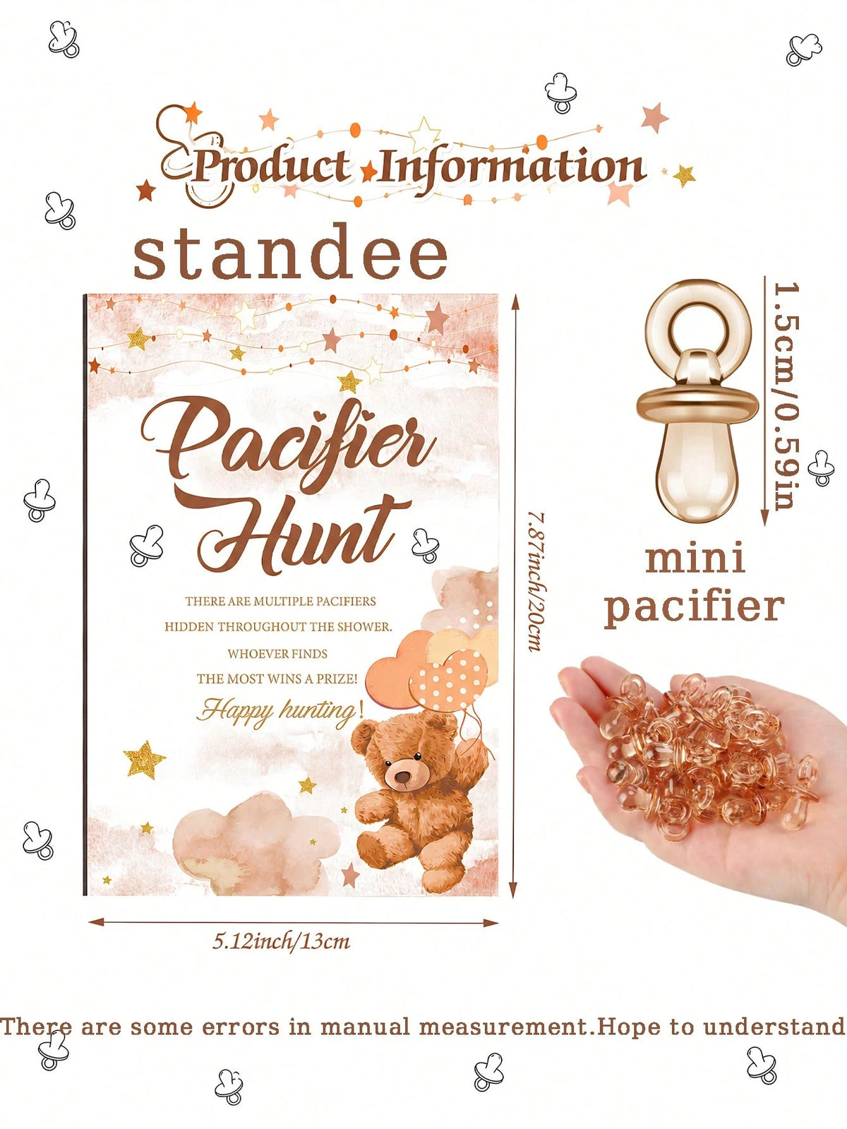 51pcs/1set- Brown Bear Pacifier Scavenger Hunt Baby Shower Game, Bear Theme Baby Shower Game Decoration, Scavenger Hunt Signs And Brown Acrylic Pacifiers, Gift Set Suitable For Gender Reveal, Newborn