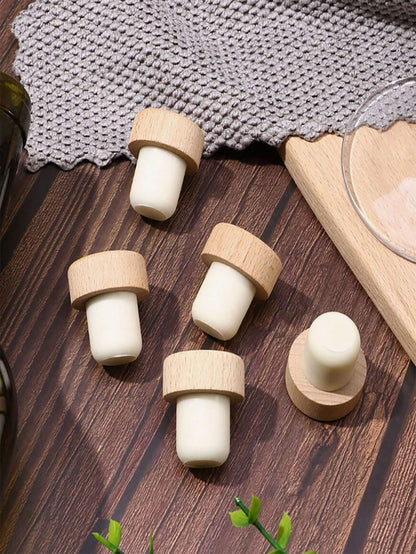5pcs/10pcs Beech Wood T-Shape Cork Bottle Stoppers, Airtight Seal Caps, For Kitchen, Bar Tools & Beverage Preservation, Bottle Decoration, Home Decoration, Christmas Gift, Cup Accessories, Gifts For F