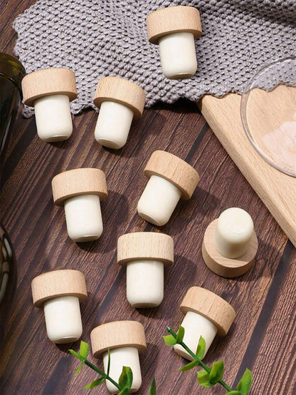 5pcs/10pcs Beech Wood T-Shape Cork Bottle Stoppers, Airtight Seal Caps, For Kitchen, Bar Tools & Beverage Preservation, Bottle Decoration, Home Decoration, Christmas Gift, Cup Accessories, Gifts For F