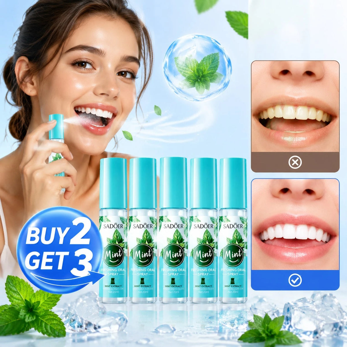 5pcs SADOER Mint Extract Freshing Oral Spray- Pocket-Sized Mouth Freshener Mist For Oral Hygiene, Long-Lasting Bad Breath Eliminator, On-The-Go Portable Dental Care Spray, 18ml