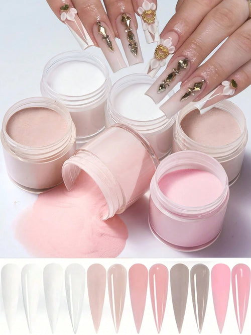 6 Colors Acrylic Powder Set, Nude Pink White High Gloss Acrylic Powder Set, Nail Art DIY Design, Nail Extension And Nail Carving, Professional Polymer 3D Acrylic Nail Set