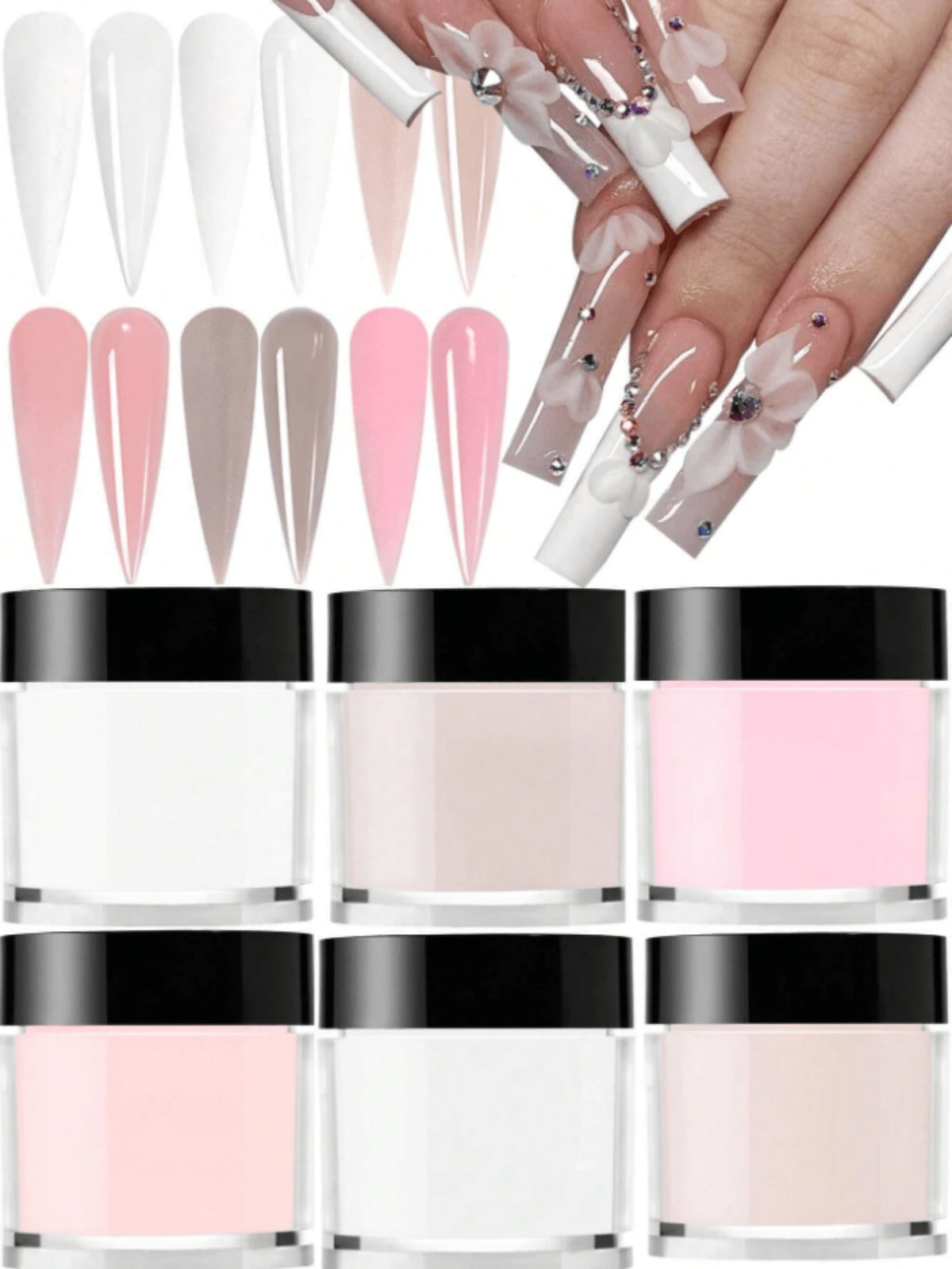 6 Colors Acrylic Powder Set, Nude Pink White High Gloss Acrylic Powder Set, Nail Art DIY Design, Nail Extension And Nail Carving, Professional Polymer 3D Acrylic Nail Set