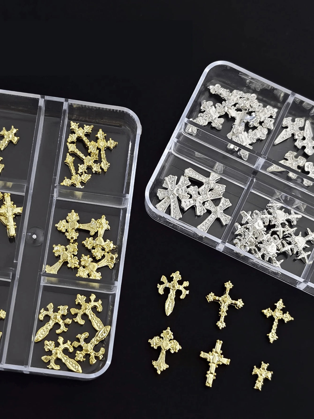 6 Grids Halloween Vintage Gothic Rhinestone Cross Nail Charms Kit, Assorted Carved Crystal Paved Cross Studs, Dual Tone Gold & Silver Dark Punk Nail Ornaments & Gems For DIY Manicure Nail Supplies Nai