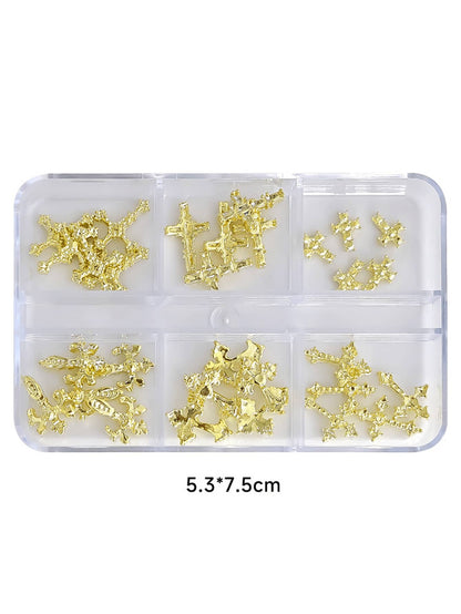 6 Grids Halloween Vintage Gothic Rhinestone Cross Nail Charms Kit, Assorted Carved Crystal Paved Cross Studs, Dual Tone Gold & Silver Dark Punk Nail Ornaments & Gems For DIY Manicure Nail Supplies Nai