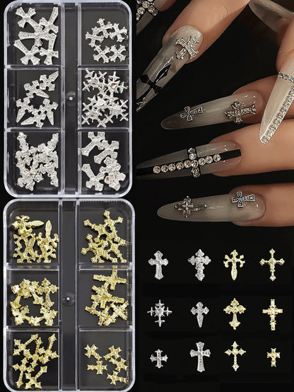 6 Grids Halloween Vintage Gothic Rhinestone Cross Nail Charms Kit, Assorted Carved Crystal Paved Cross Studs, Dual Tone Gold & Silver Dark Punk Nail Ornaments & Gems For DIY Manicure Nail Supplies Nai