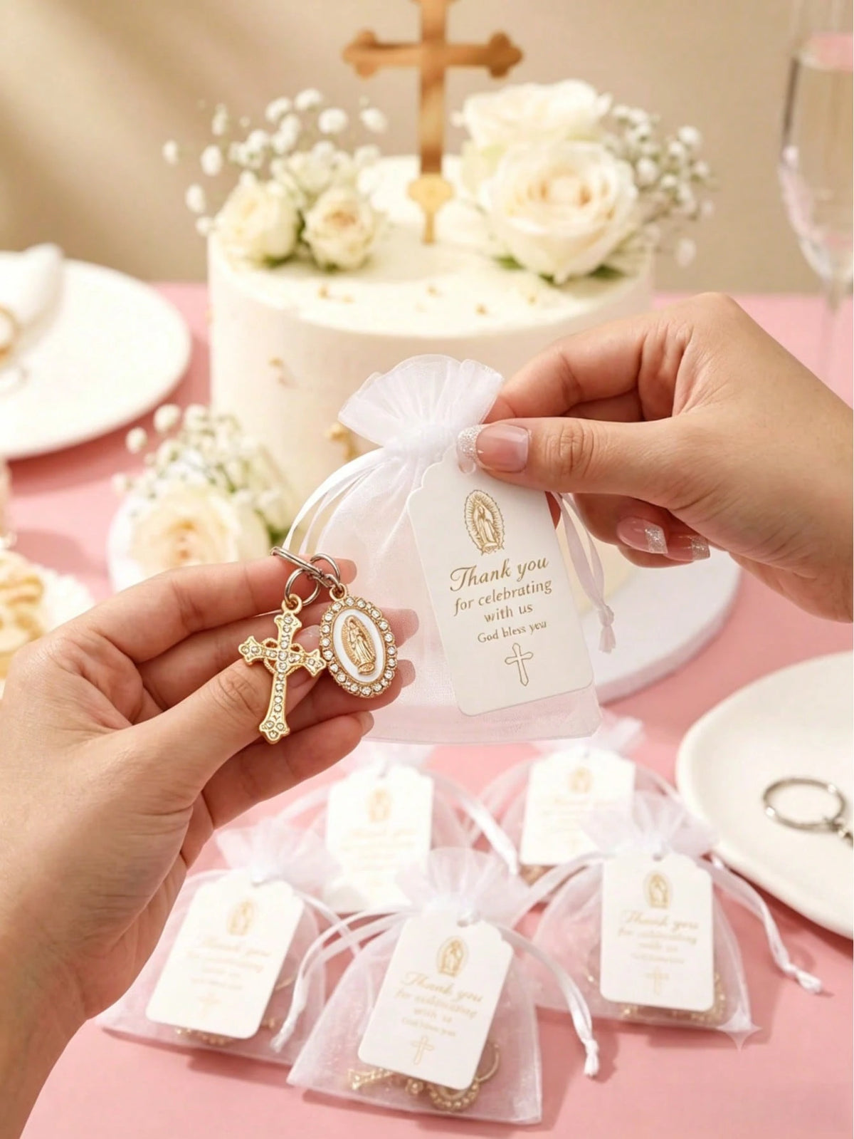 60pcs/20sets Cross Keychain With Organza Gift Bag And Tag, Suitable For Baptism, Baby Shower, Birthday Party Gifts, Religious Commemoration, Christian First Communion