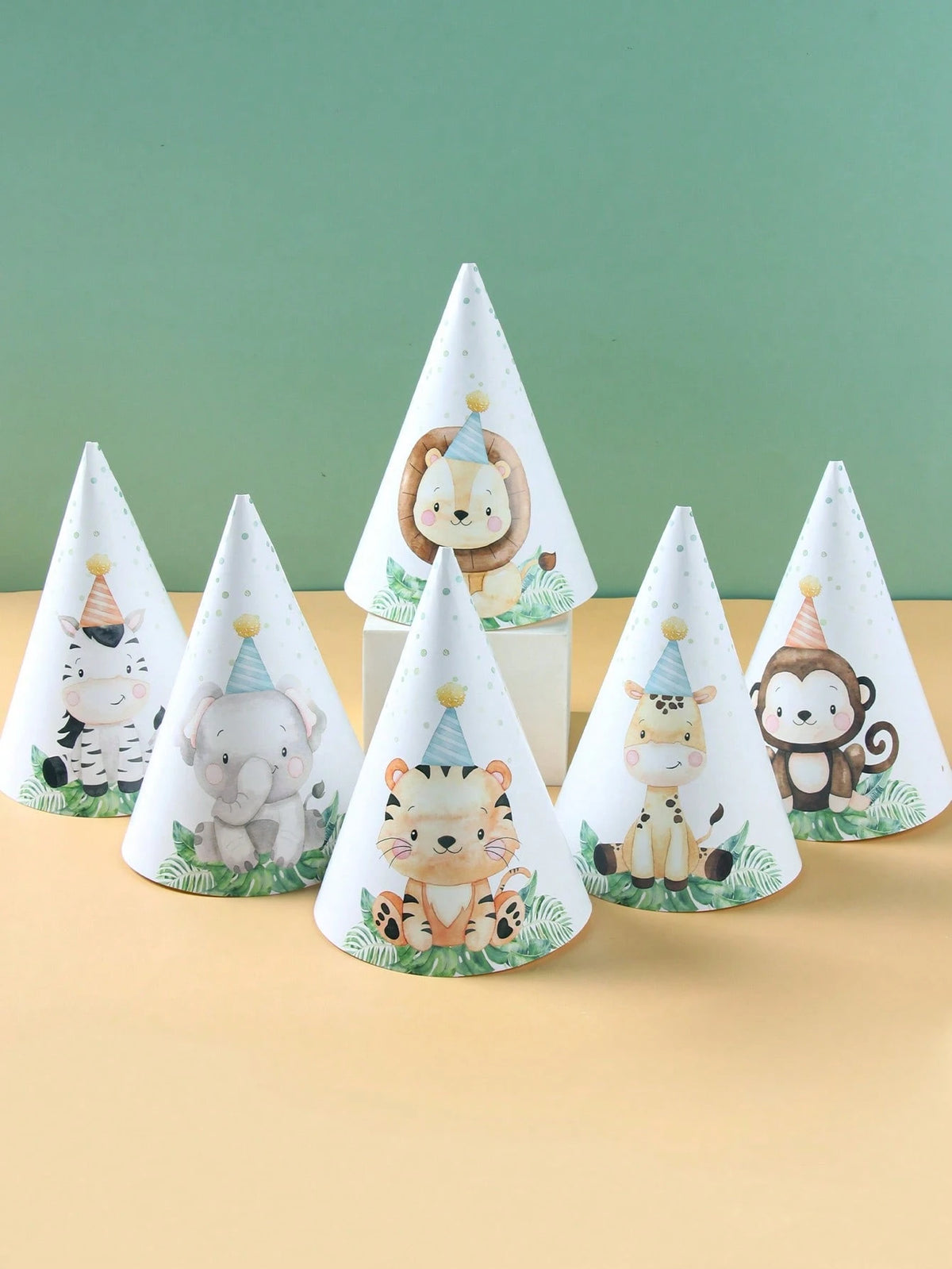 6pcs Jungle Animal Theme 1st Birthday Party Hats, Jungle Theme Wild Party Paper Hats Suitable For Birthday Photo Props, Baby Boy Party Decorations, Baby Shower Decorations, Gender Reveal Decorations