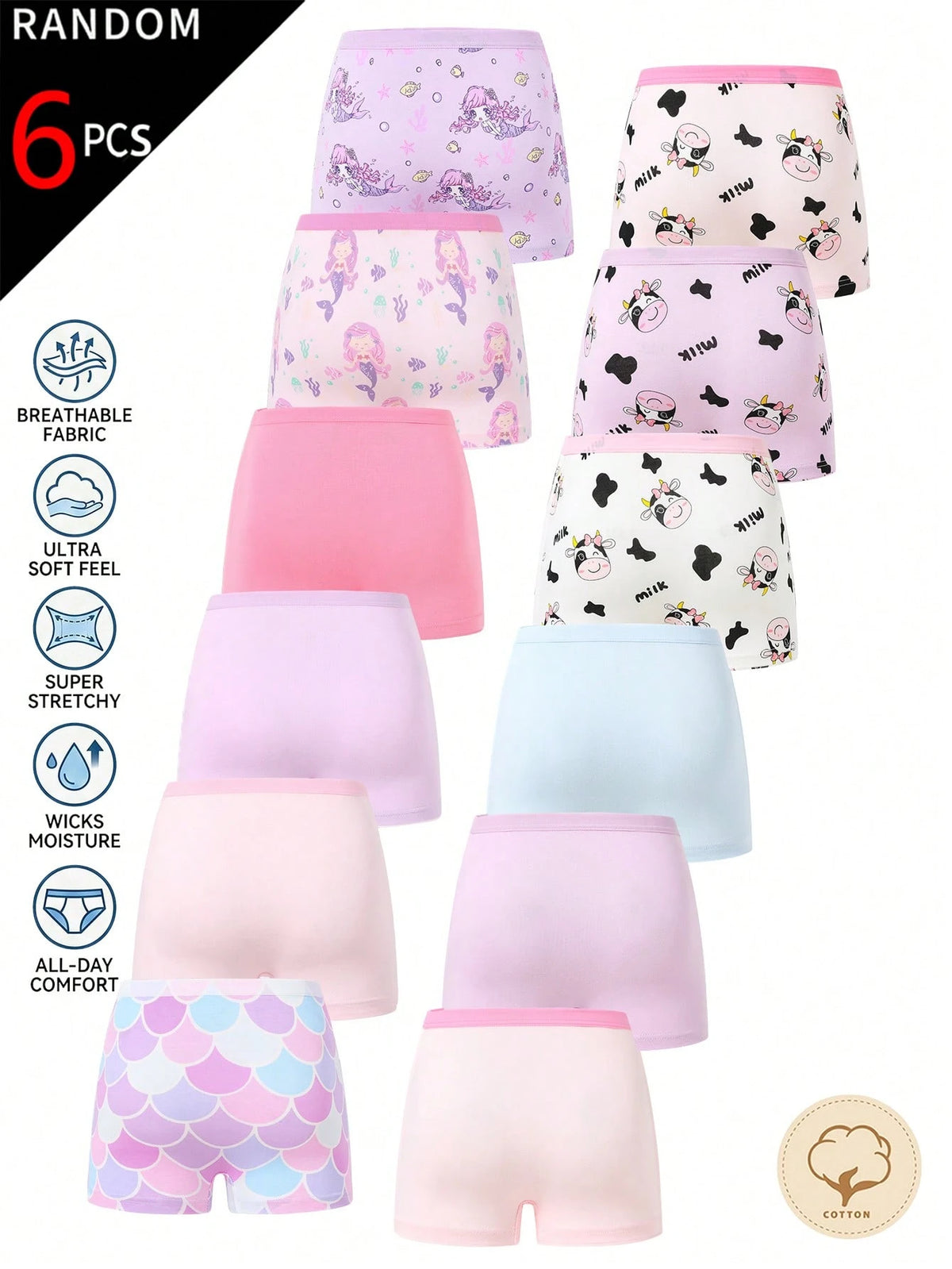 [6pcs Random Style] Girls Sweet Boxer Briefs, Made Of Soft Pink, Purple, Blue And White Fabric, Printed With Pixel Cartoon Bear, Mermaid And Capybara Patterns, Featuring Cute Striped Design And