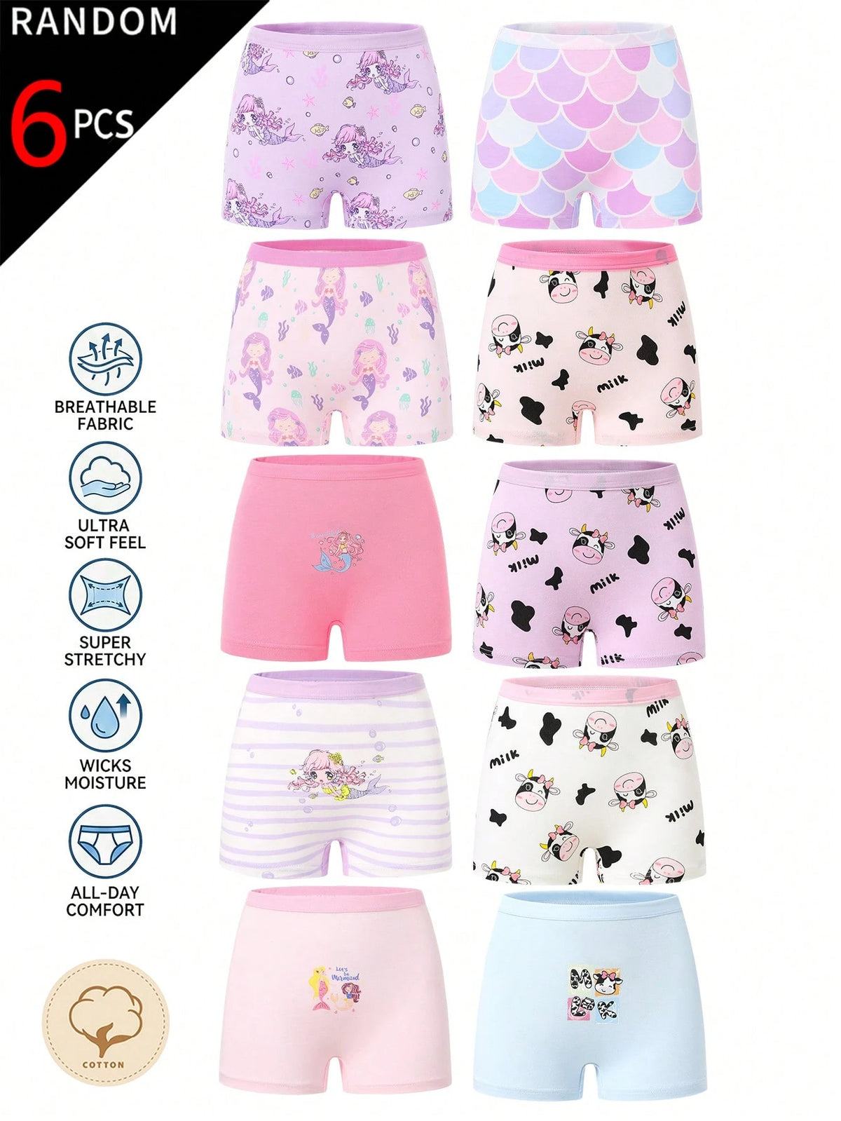 [6pcs Random Style] Girls Sweet Boxer Briefs, Made Of Soft Pink, Purple, Blue And White Fabric, Printed With Pixel Cartoon Bear, Mermaid And Capybara Patterns, Featuring Cute Striped Design And
