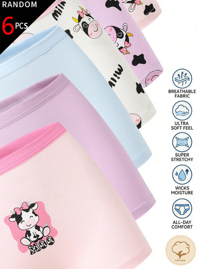[6pcs Random Style] Girls Sweet Boxer Briefs, Made Of Soft Pink, Purple, Blue And White Fabric, Printed With Pixel Cartoon Bear, Mermaid And Capybara Patterns, Featuring Cute Striped Design And
