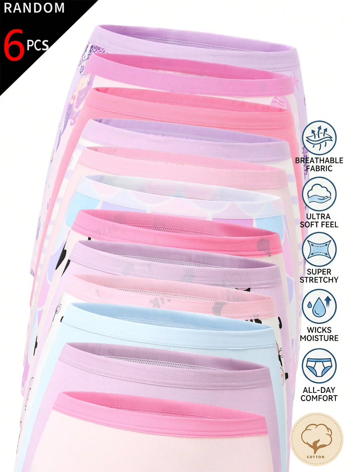 [6pcs Random Style] Girls Sweet Boxer Briefs, Made Of Soft Pink, Purple, Blue And White Fabric, Printed With Pixel Cartoon Bear, Mermaid And Capybara Patterns, Featuring Cute Striped Design And