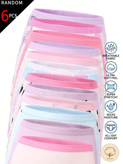 [6pcs Random Style] Girls Sweet Boxer Briefs, Made Of Soft Pink, Purple, Blue And White Fabric, Printed With Pixel Cartoon Bear, Mermaid And Capybara Patterns, Featuring Cute Striped Design And