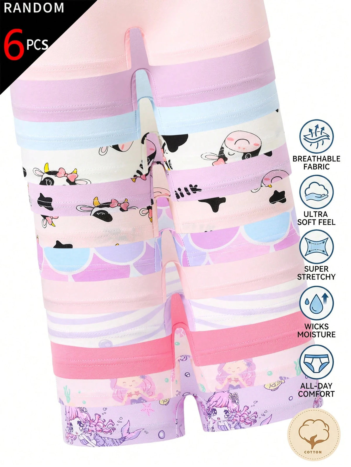 [6pcs Random Style] Girls Sweet Boxer Briefs, Made Of Soft Pink, Purple, Blue And White Fabric, Printed With Pixel Cartoon Bear, Mermaid And Capybara Patterns, Featuring Cute Striped Design And