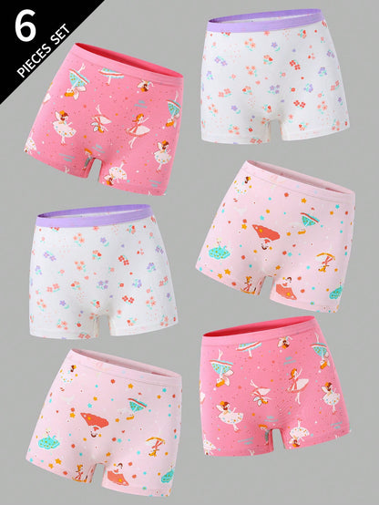 [6pcs Random Style] Girls Sweet Boxer Briefs, Made Of Soft Pink, Purple, Blue And White Fabric, Printed With Pixel Cartoon Bear, Mermaid And Capybara Patterns, Featuring Cute Striped Design And