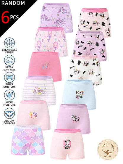 [6pcs Random Style] Girls Sweet Boxer Briefs, Made Of Soft Pink, Purple, Blue And White Fabric, Printed With Pixel Cartoon Bear, Mermaid And Capybara Patterns, Featuring Cute Striped Design And