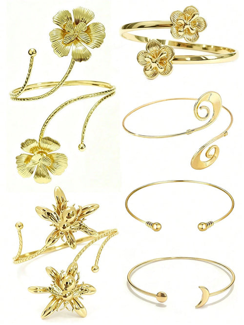 6pcs Set Large Size Adjustable Metal Arm Cuffs, Floral Butterfly Bee Elements, Personalized Layered Design, Plus Size Arm Bracelets
