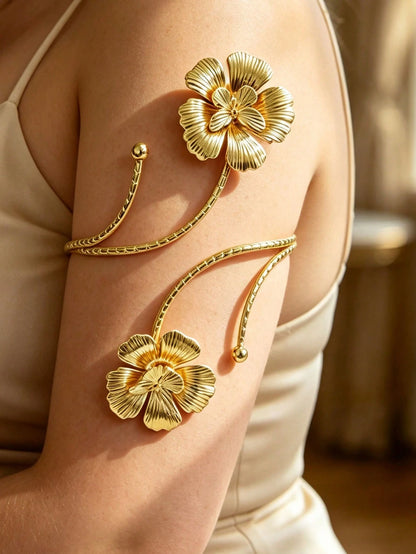 6pcs Set Large Size Adjustable Metal Arm Cuffs, Floral Butterfly Bee Elements, Personalized Layered Design, Plus Size Arm Bracelets