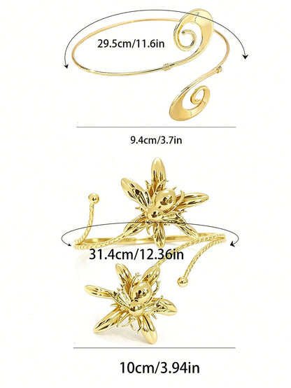 6pcs Set Large Size Adjustable Metal Arm Cuffs, Floral Butterfly Bee Elements, Personalized Layered Design, Plus Size Arm Bracelets