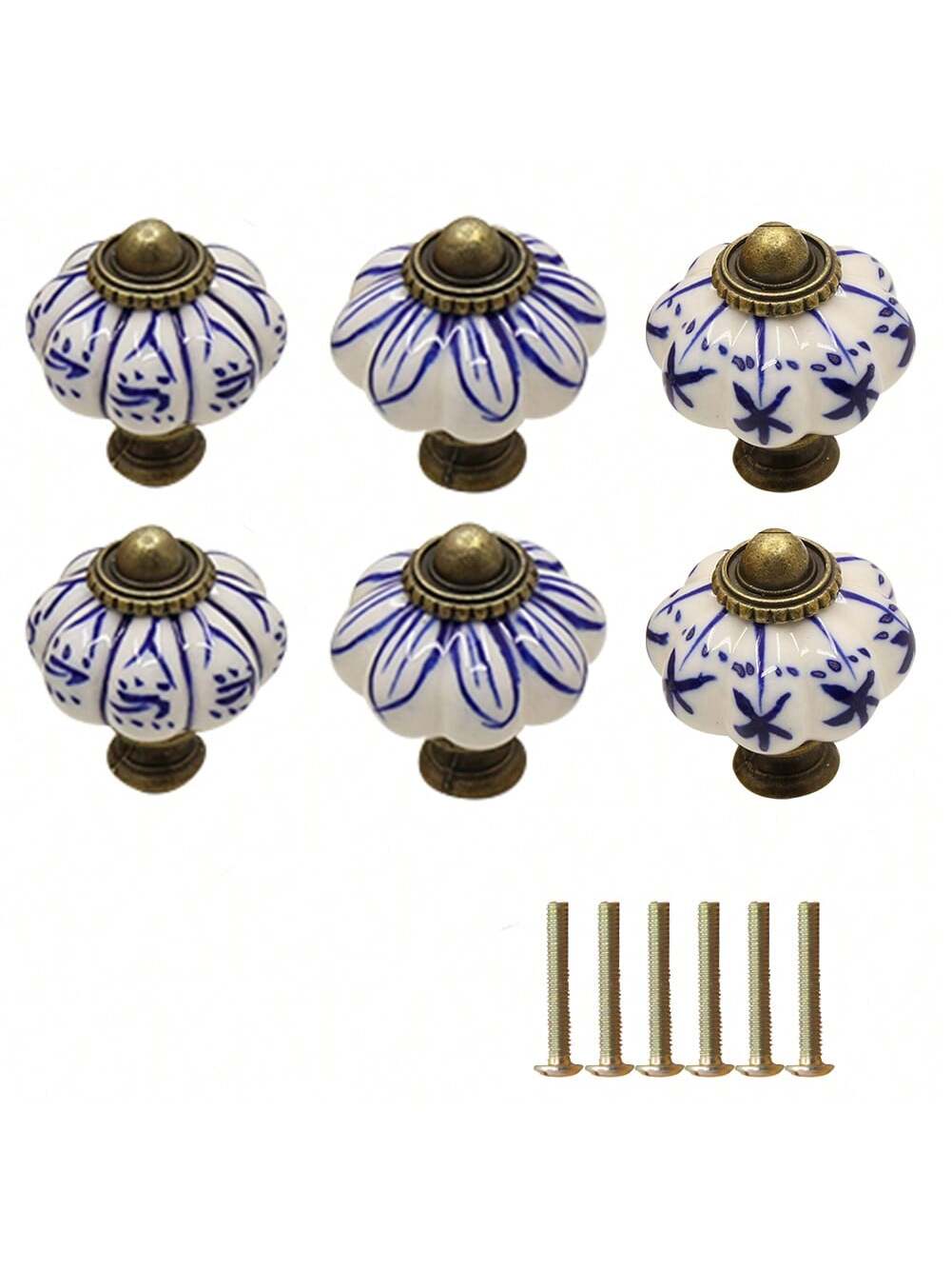 6pcs Vintage Ceramic Knob, Blue & White Pumpkin Shaped Cabinet Knob/Drawer Pull Handle, Furniture Hardware Suitable For Cabinet, Drawer, Wardrobe