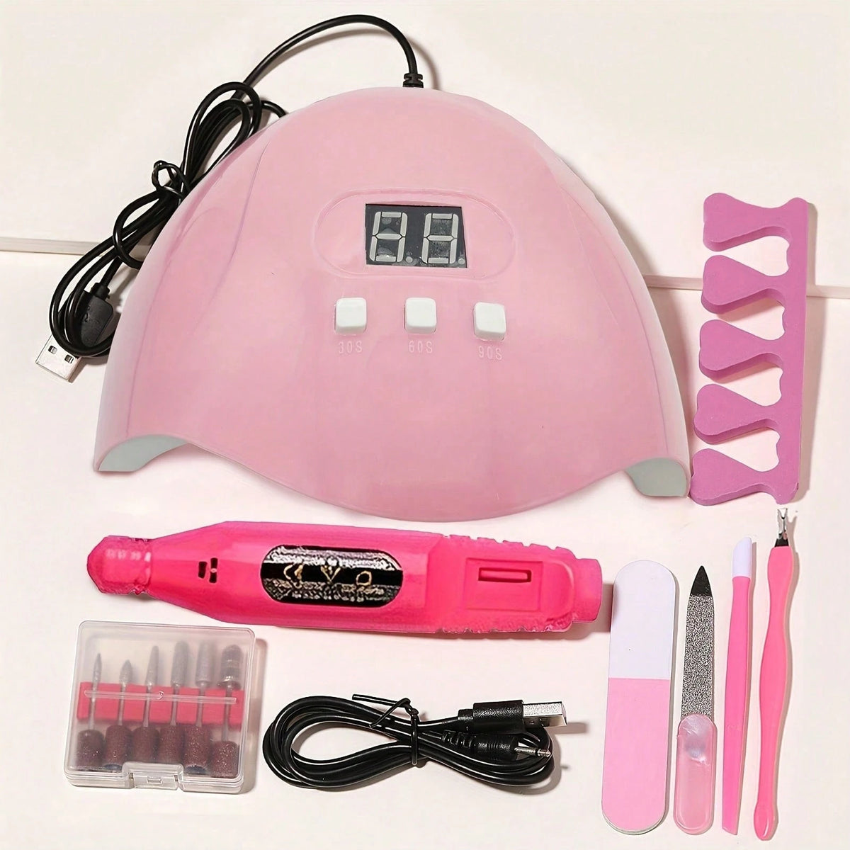 7-In-1 Nail Art Tool Set With Nail Lamp, Glue Drying Machine, Nail Polisher, Dead Skin Fork, Dead Skin Push, Finger Divider- Stainless Steel Kit For Professional Nail Artists
