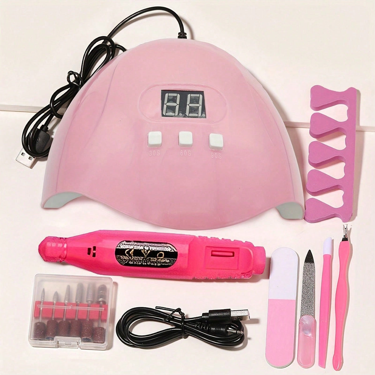 7-In-1 Nail Art Tool Set With Nail Lamp, Glue Drying Machine, Nail Polisher, Dead Skin Fork, Dead Skin Push, Finger Divider- Stainless Steel Kit For Professional Nail Artists