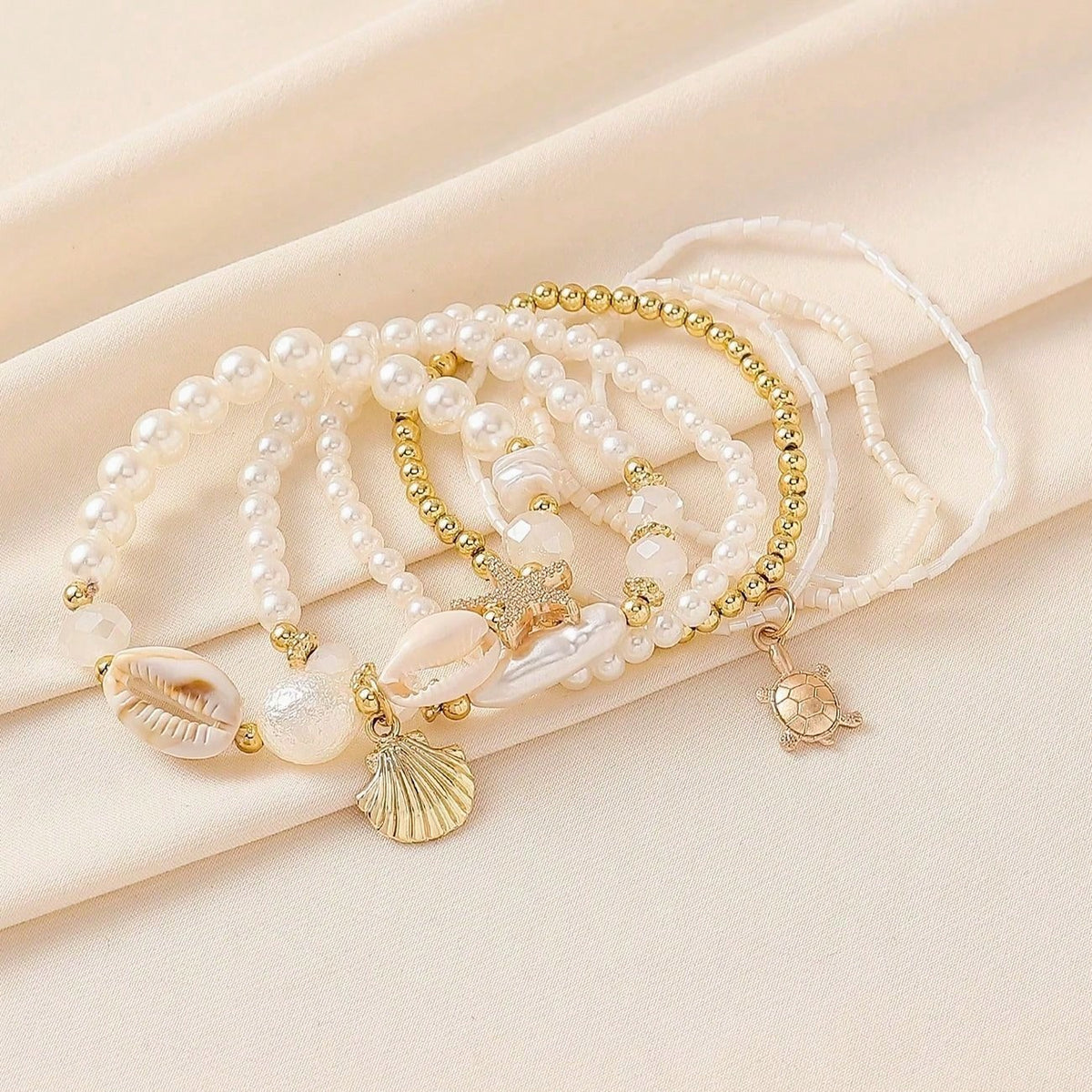 7pcs Shell Pearl & Starfish Beaded Layered Bracelet Set, Bohemian Style Design, Beach Vacation Casual Wear, Random Shell Pattern, Also Suitable For Party, Wedding, Bridal Bracelet