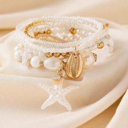 7pcs Shell Pearl & Starfish Beaded Layered Bracelet Set, Bohemian Style Design, Beach Vacation Casual Wear, Random Shell Pattern, Also Suitable For Party, Wedding, Bridal Bracelet
