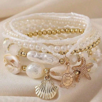 7pcs Shell Pearl & Starfish Beaded Layered Bracelet Set, Bohemian Style Design, Beach Vacation Casual Wear, Random Shell Pattern, Also Suitable For Party, Wedding, Bridal Bracelet
