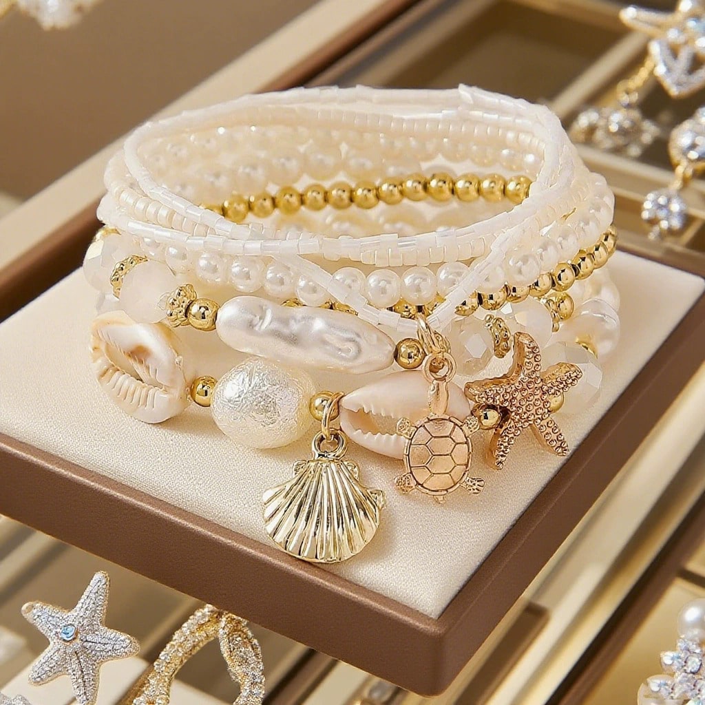 7pcs Shell Pearl & Starfish Beaded Layered Bracelet Set, Bohemian Style Design, Beach Vacation Casual Wear, Random Shell Pattern, Also Suitable For Party, Wedding, Bridal Bracelet